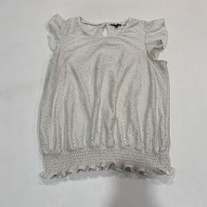 Adrianna Papell White Eyelet Blouse Women’s Size L Flutter Sleeve Smocked Hem